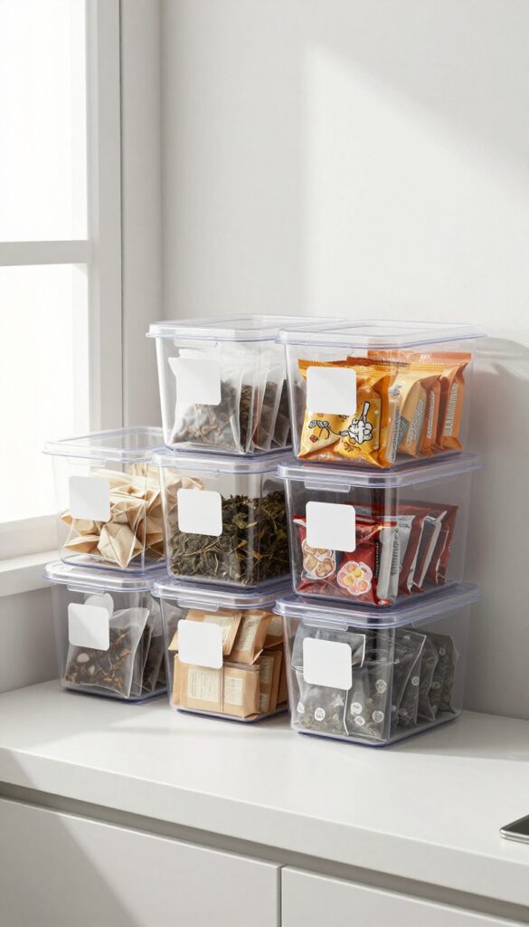 Clear bins on a pantry shelf organizing small food packets and tea bags