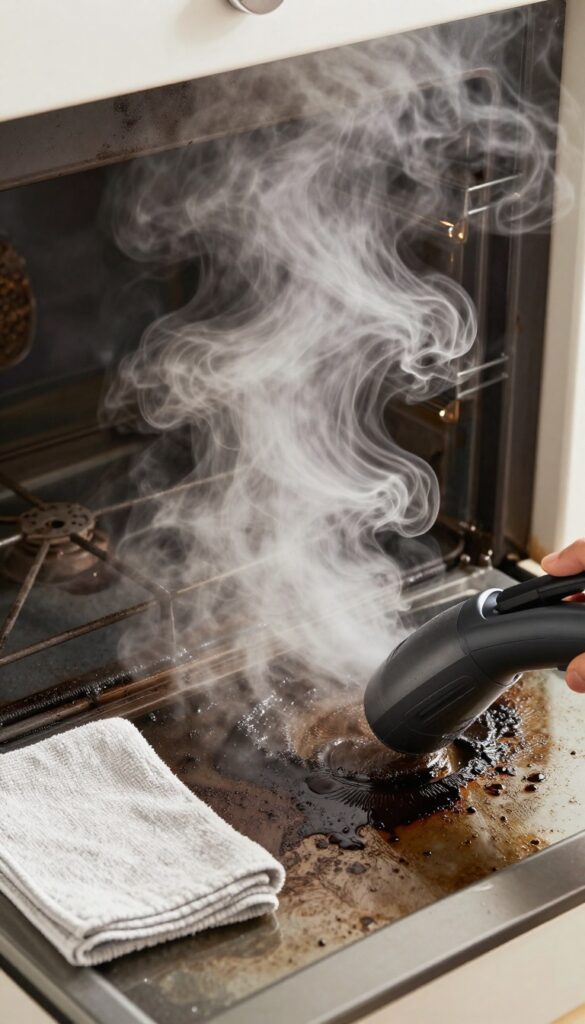 Handheld steam cleaner in use on an oven interior, loosening grease without chemicals.