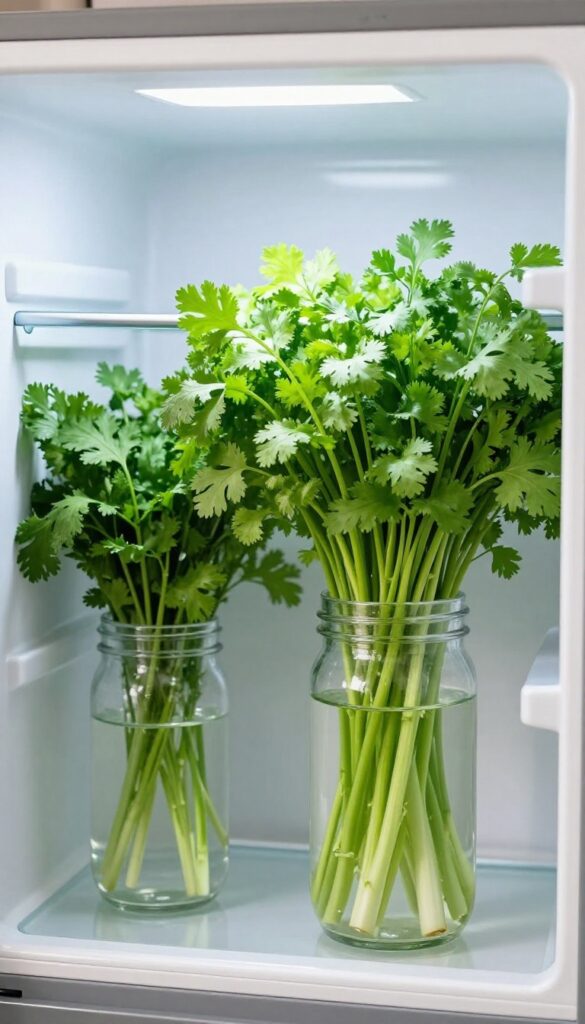 Fresh herbs in a glass jar of water stored on a refrigerator shelf to keep them from wilting