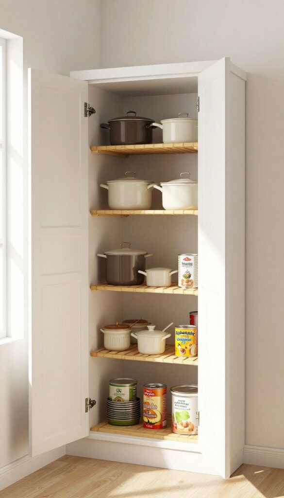 Open corner cabinet with a tiered lazy Susan organizing pots and canned goods