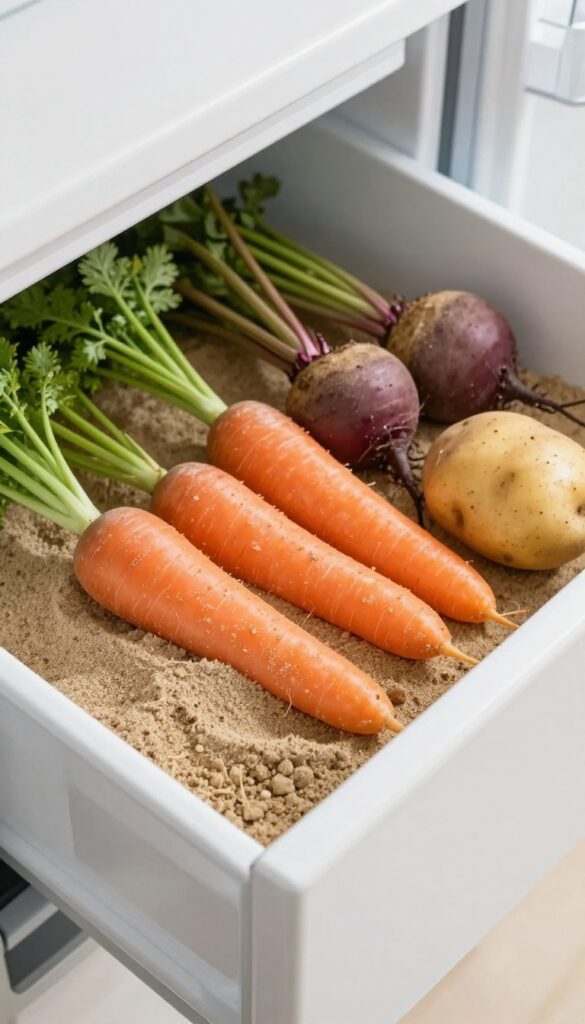 Root vegetables stored in a fridge drawer with damp sand for extended freshness