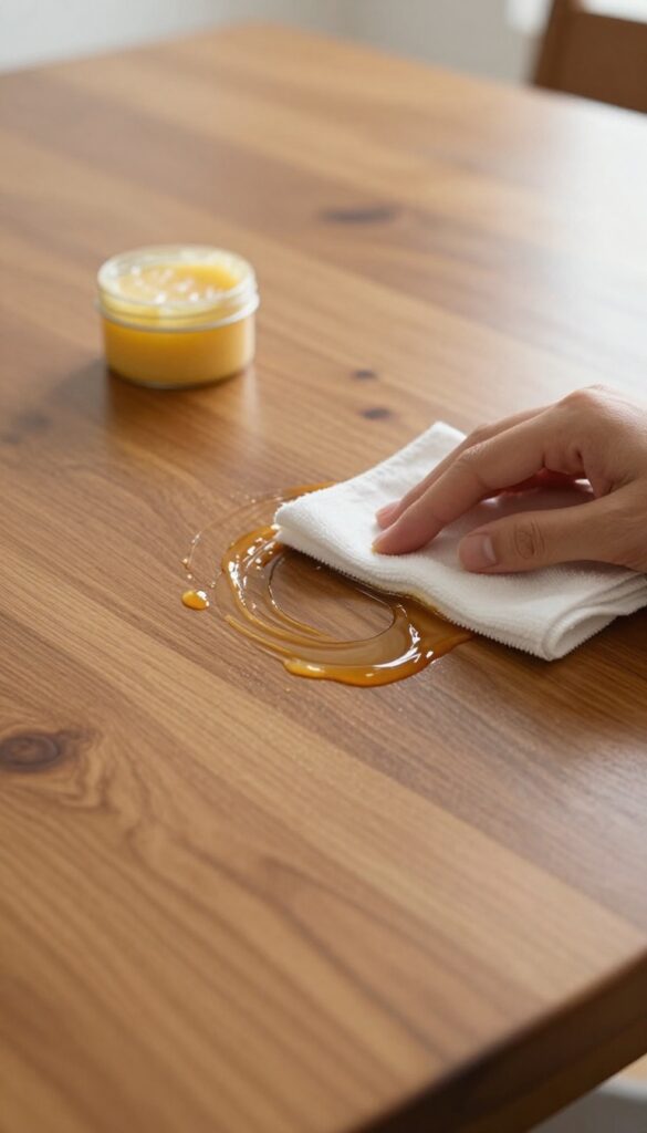 Applying furniture wax to a wooden table for a protective shine