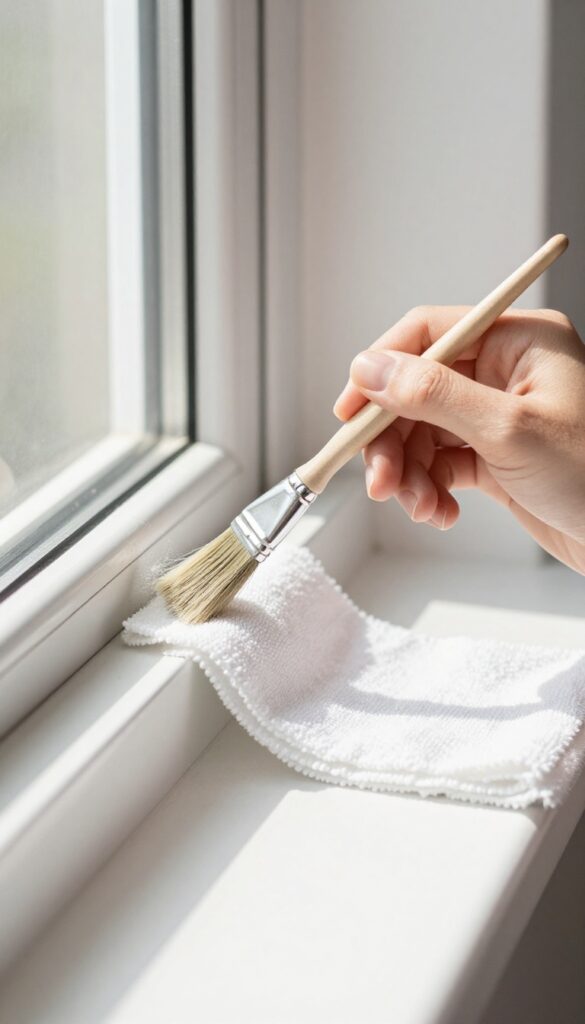 Person using a paintbrush to clean dust from a window track