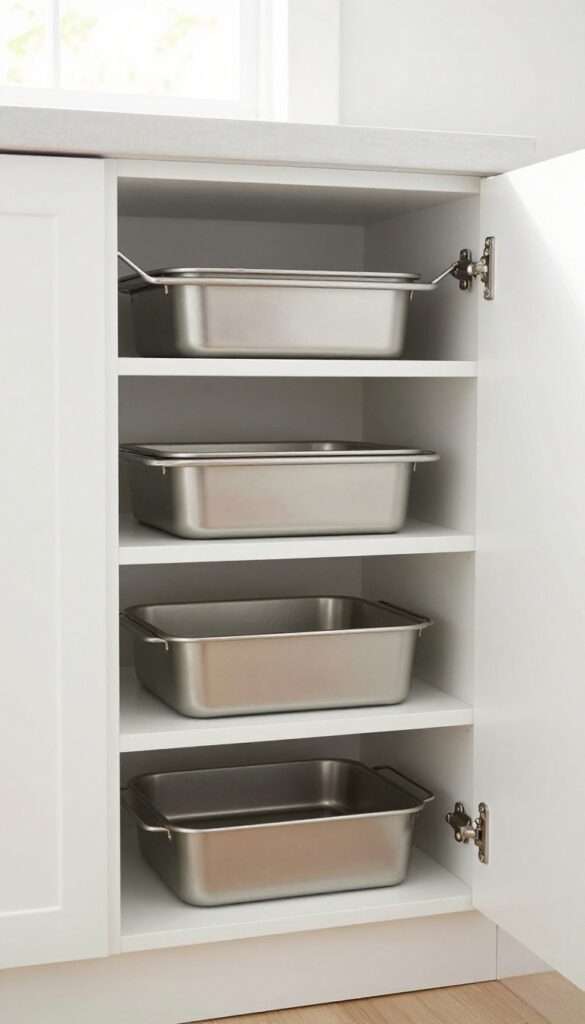 Baking sheets and cutting boards stored vertically in a kitchen cabinet using a tension rod.