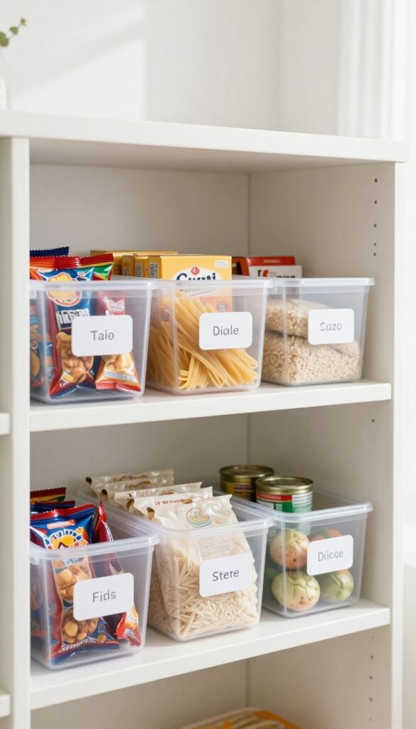 Clear bins with labels on a pantry shelf, grouping snacks, pasta, and canned goods for organized storage.
