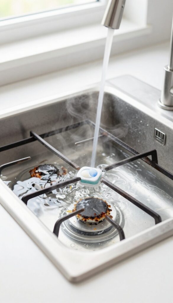 Gas stove grates soaking in hot water with a dishwasher tablet for heavy-duty cleaning