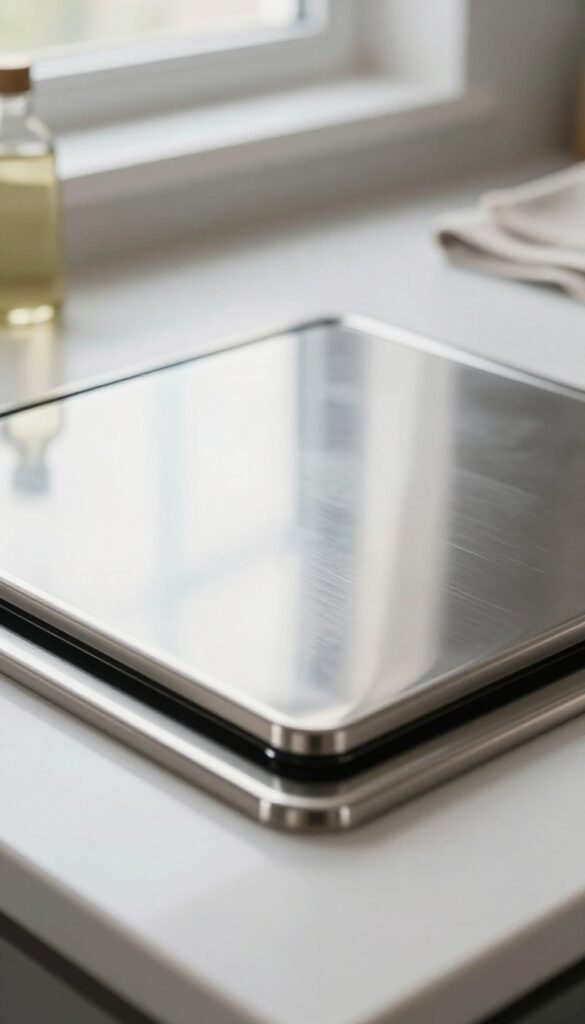 Close-up of polished stainless steel gas stove top with mineral oil and microfiber cloth, reflecting bright natural light.