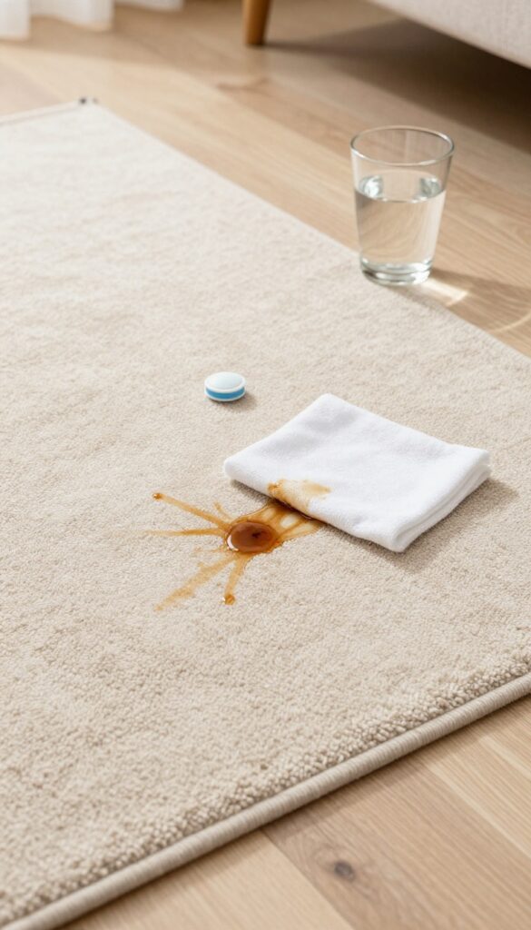 Blotting a coffee stain on a beige carpet with a white cloth, dishwasher tablet and water nearby.