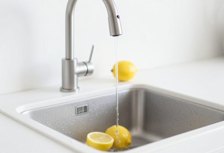 Clean kitchen sink with lemon and water droplets