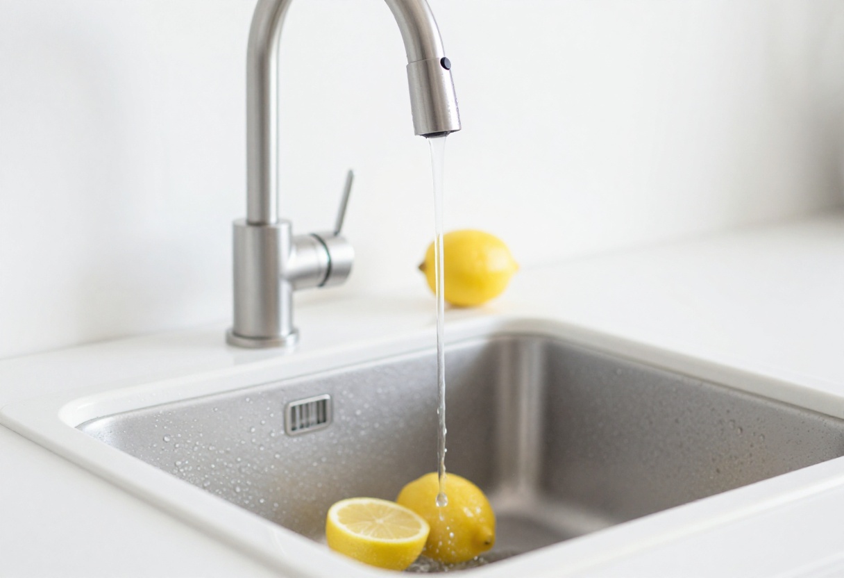 Clean kitchen sink with lemon and water droplets