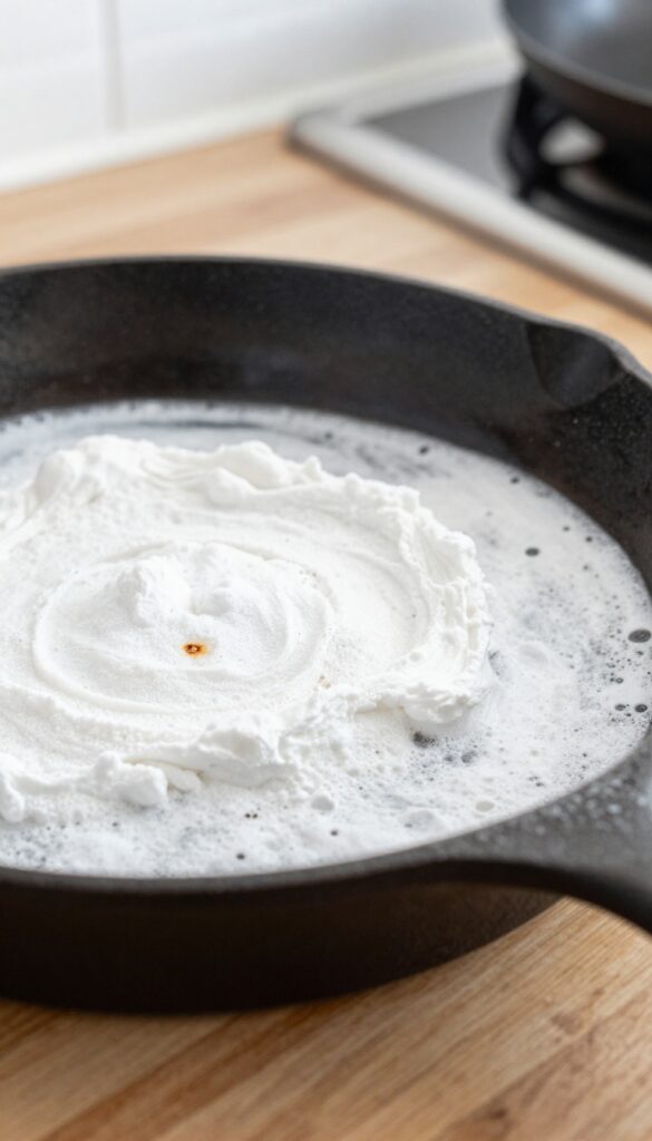 Close-up of cast iron skillet with baking soda paste applied to rust spot in bright kitchen light