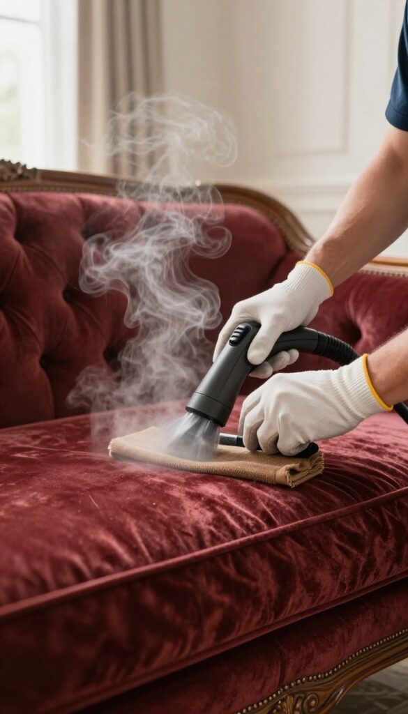Professional cleaning an antique velvet sofa with steam tool in bright living room