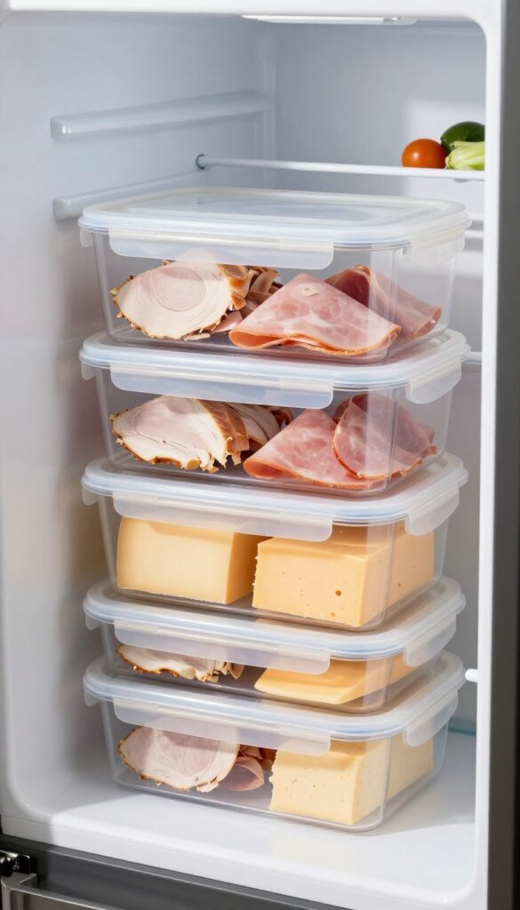 Organized fridge shelf with stacked IKEA PRUTA containers holding deli meats and cheeses