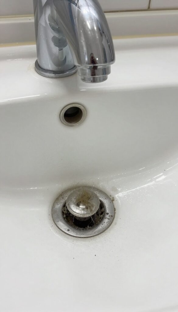 Close-up of a bathroom sink pop-up stopper with grime and hair, illustrating the need for cleaning to remove odors and improve drainage.
