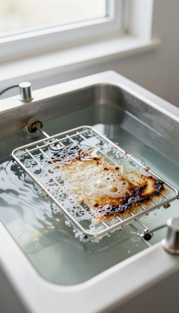 Oven rack submerged in ultrasonic cleaning tank with bubbles removing burnt grease