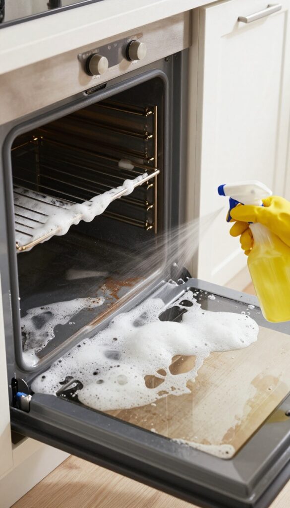 Foaming commercial oven cleaner being sprayed onto greasy oven interior with rubber gloves nearby