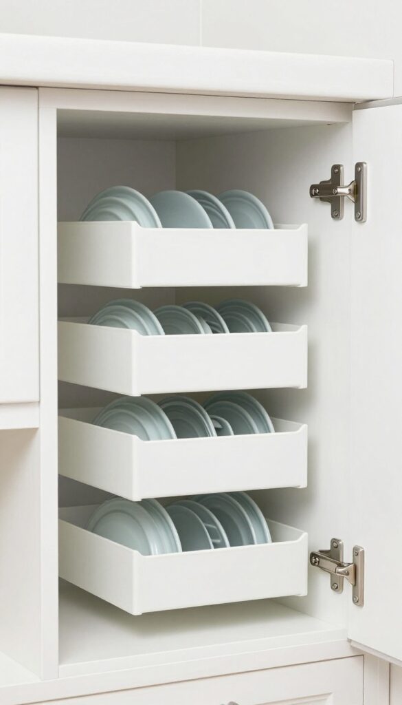 Vertical lid organizer in a kitchen cabinet holding lids upright for easy access