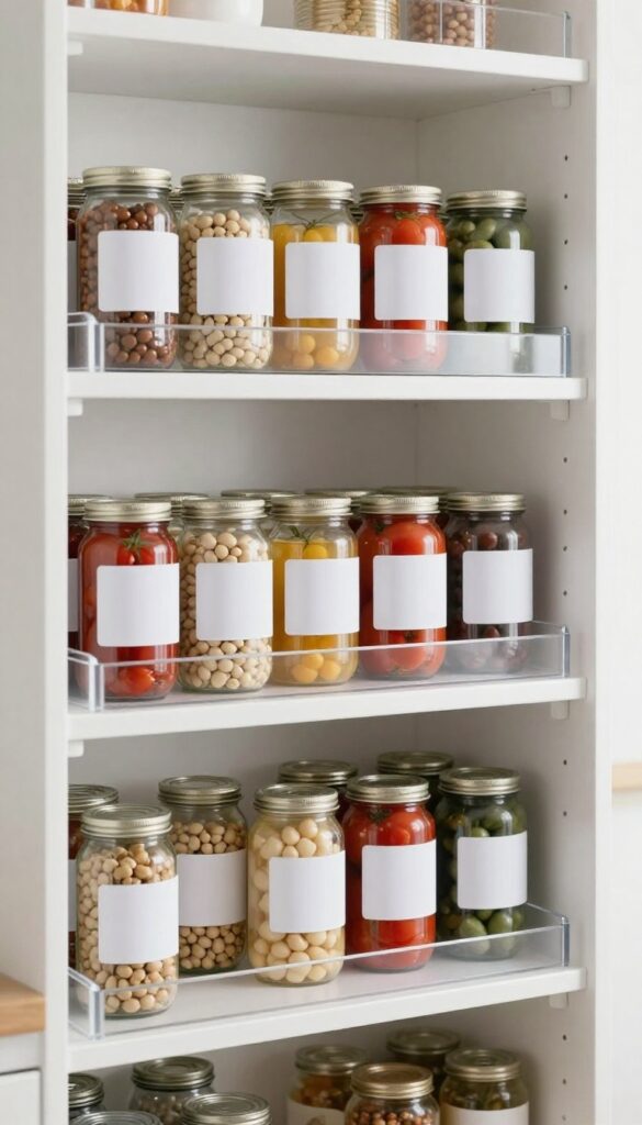 Step shelf risers organizing cans and jars in a deep pantry shelf