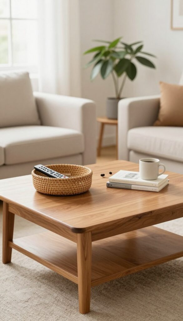 A clear coffee table with a clutter basket holding a few items, ready for dusting.