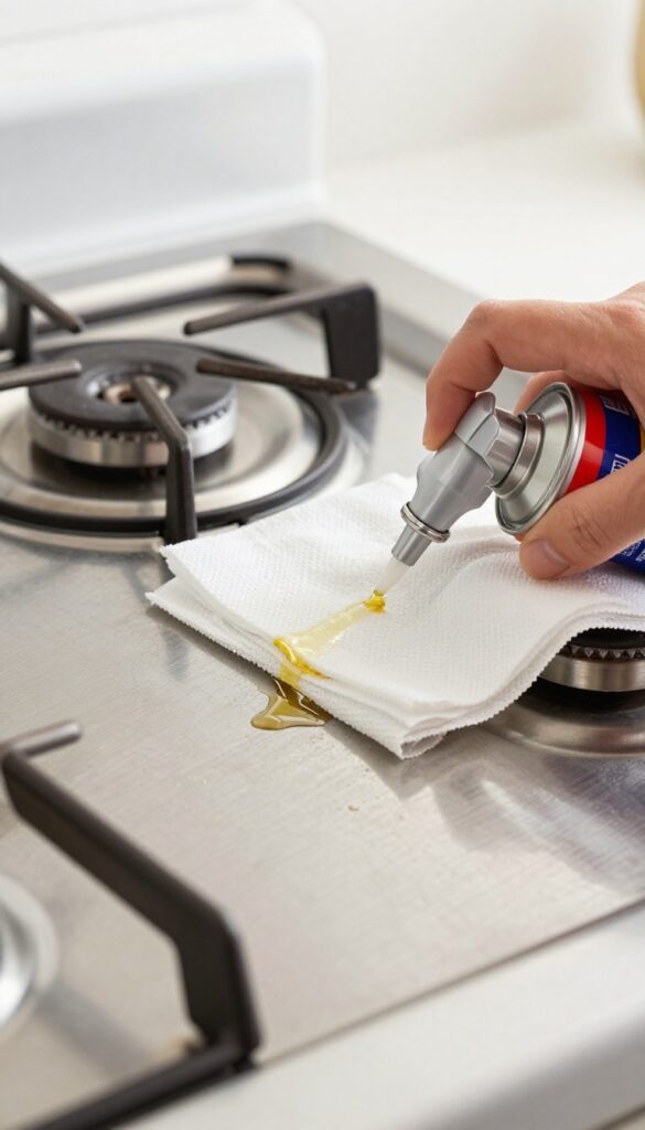 Close-up of a stainless steel stove top being cleaned with WD-40, showing greasy residue being wiped away with a paper towel.