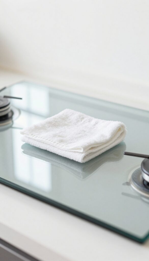 A hand drying a glass stove top with a microfiber cloth, achieving a streak-free shine.