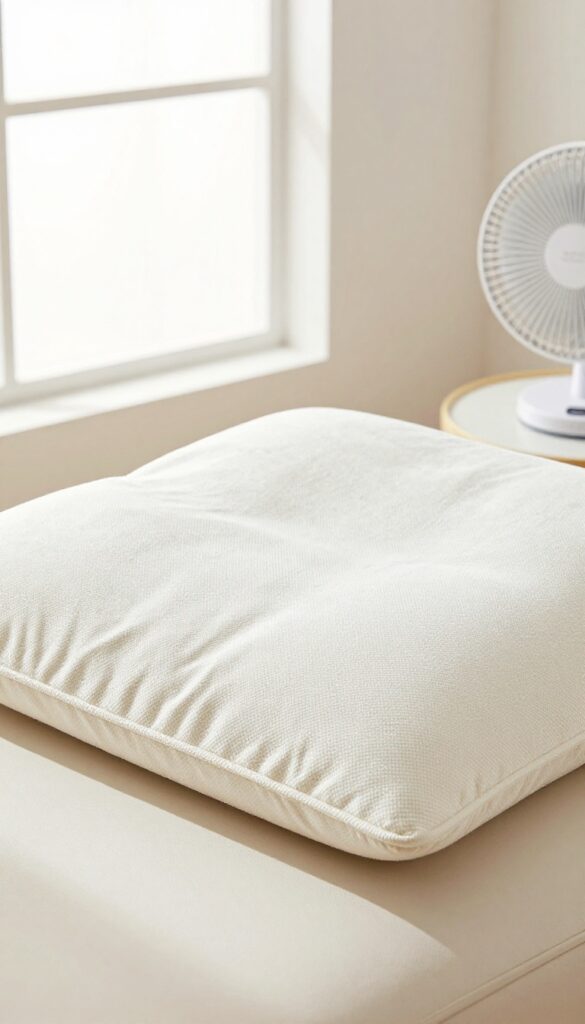 Microfiber couch cushion drying with a fan in a bright living room