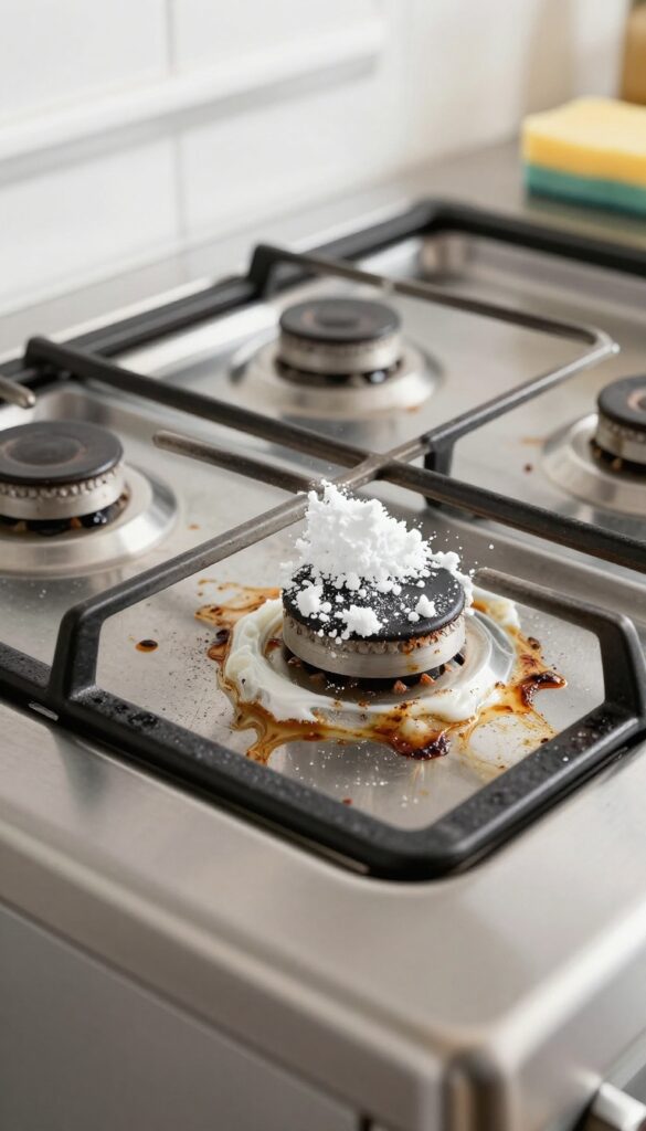 Stovetop with grease and cleaning paste made from dishwasher pod powder