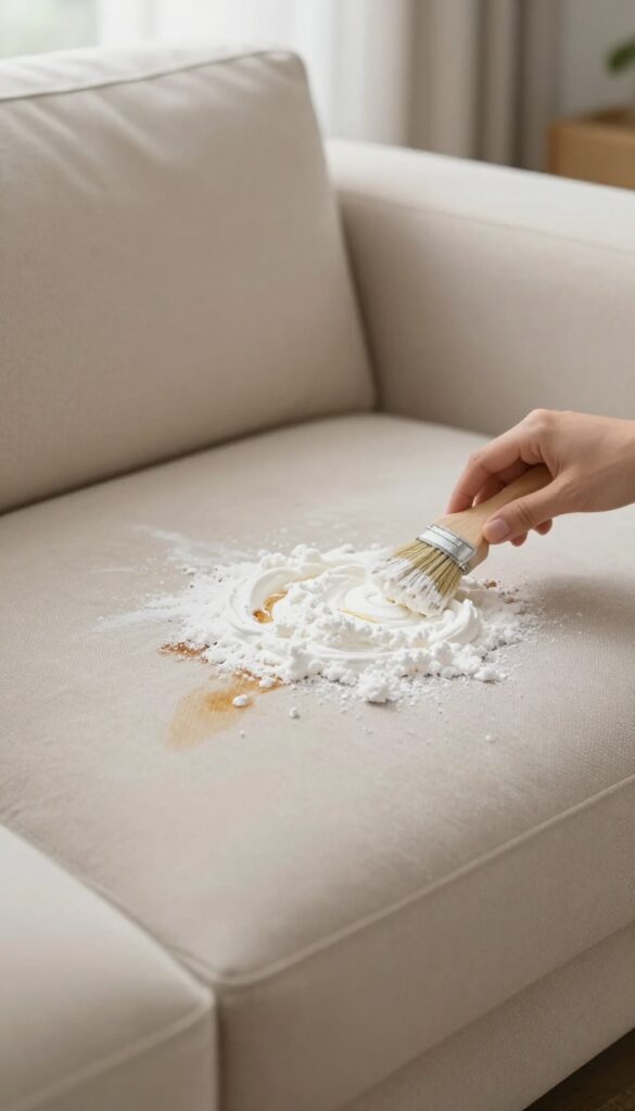 Cornstarch applied to a grease stain on a couch cushion, with a soft brush nearby, natural lighting.