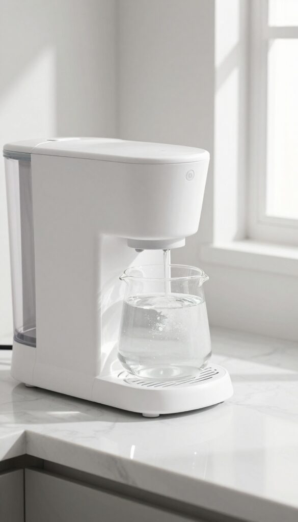 Clean white coffee maker on marble countertop with glass carafe of water, bright natural light, no text