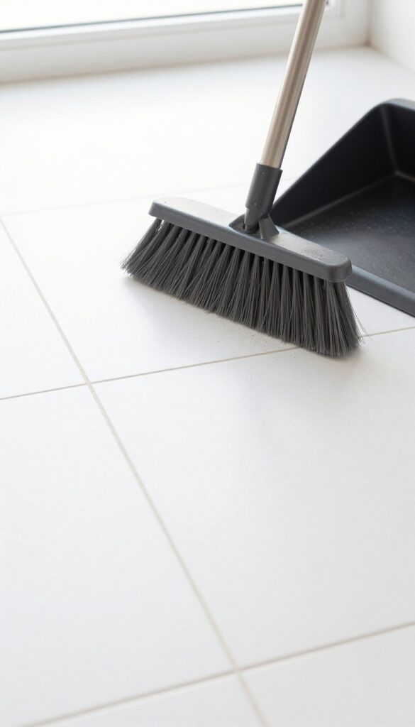 Sweeping a tile floor with a soft-bristle broom to remove grit and dirt buildup