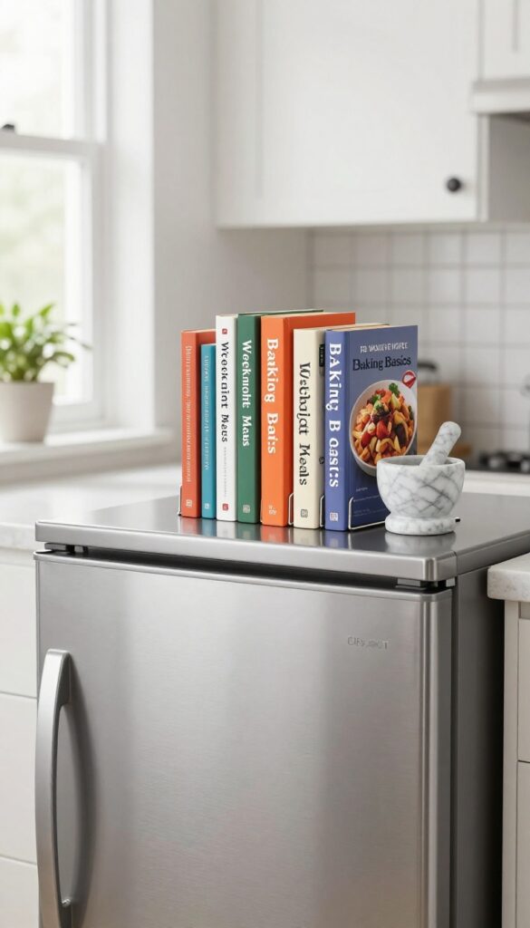 Top of fridge styled with three upright cookbooks and metal bookends, creating a mini library in a bright kitchen.