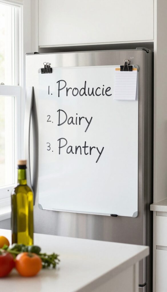 A magnetic grocery list on a refrigerator door, with a whiteboard and marker, in a bright kitchen with natural light.