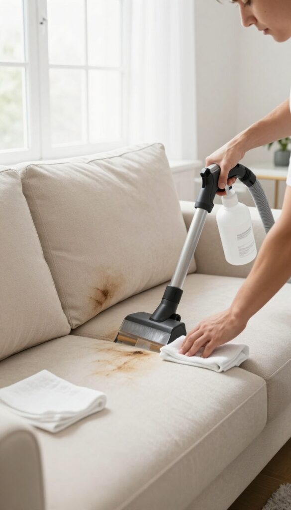 Professional upholstery cleaner using a steam cleaning machine on a large beige microfiber couch in a bright living room.