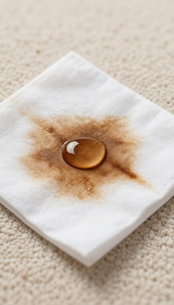 Close-up of a carpet with an old stain being treated with glycerin, natural light, photorealistic, blog-friendly