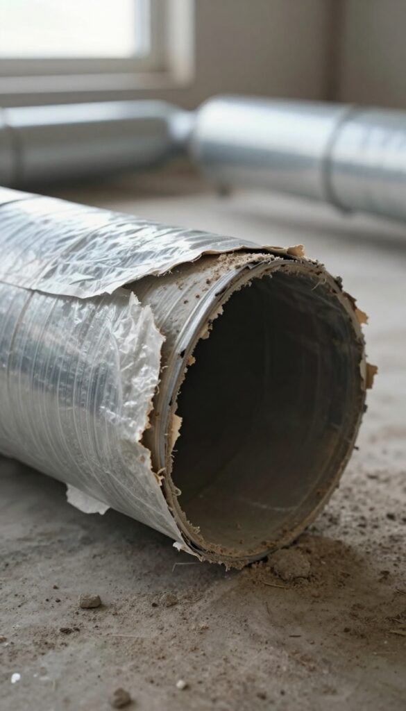 Damaged flexible air duct with visible crush and tear, dust accumulation, in a well-lit basement