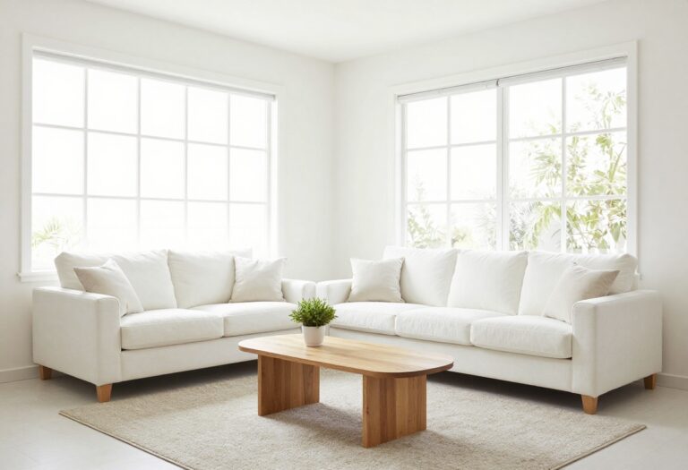 Bright and tidy living room with natural light, clean sofa, and minimal decor