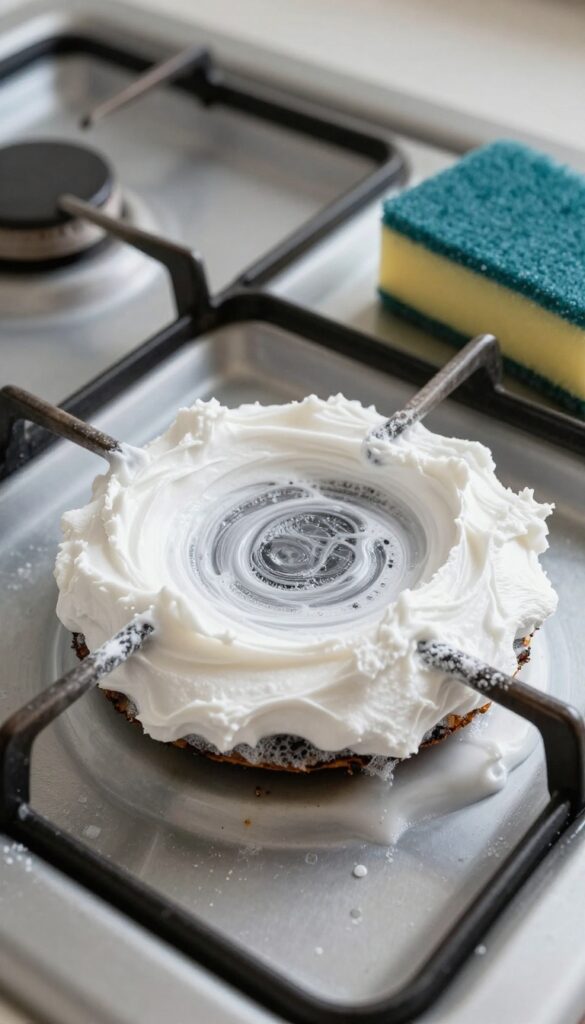 Baking soda paste applied to burnt-on food on a gas stove top