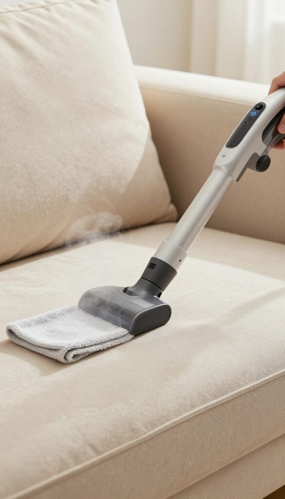 Handheld steam cleaner removing deep-set stains and odors from a beige fabric couch in a bright living room.