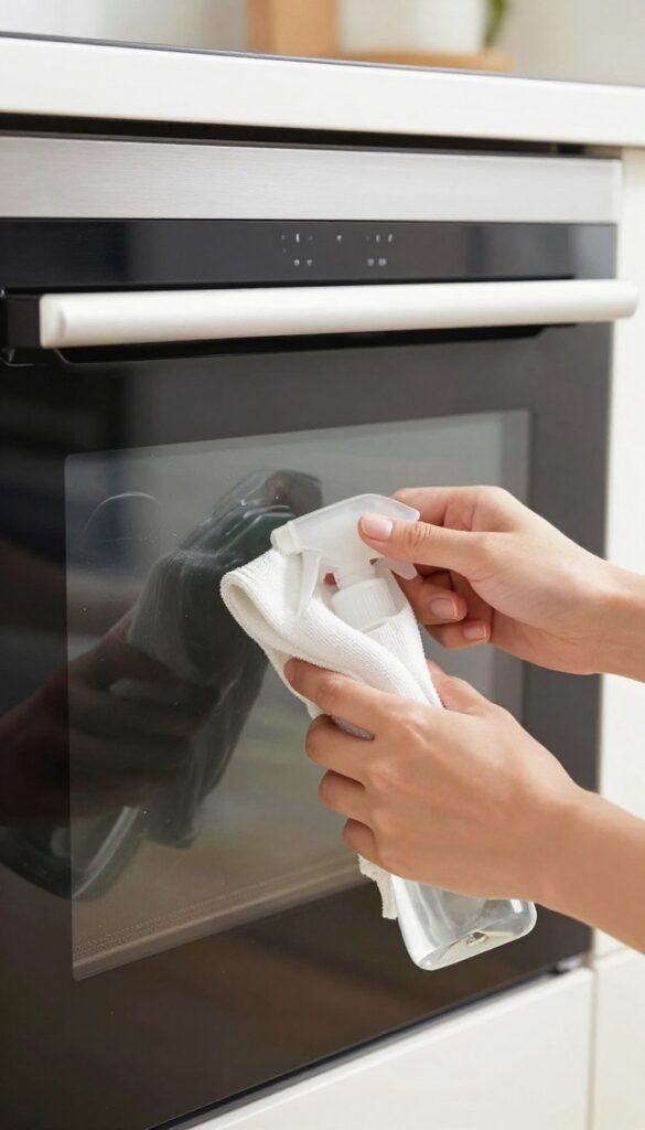 Sparkling clean oven door glass with rubbing alcohol and microfiber cloth
