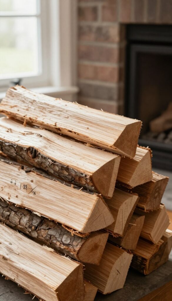 Stack of seasoned hardwood logs on a fireplace hearth with a moisture meter, bright natural light, clean chimney setting.