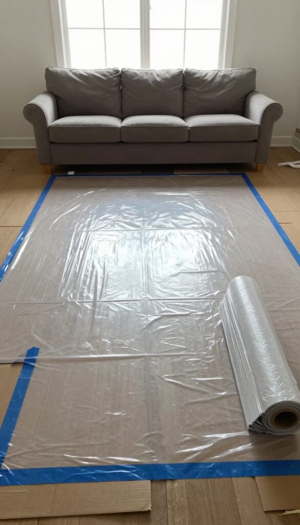 Sofa cleaning preparation with plastic sheeting protecting floors and baseboards
