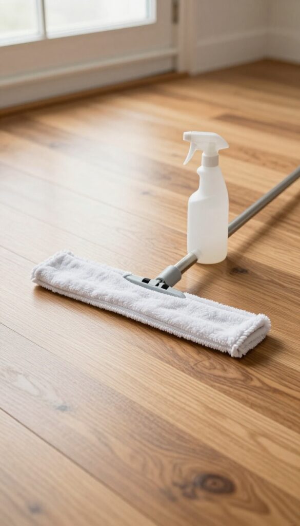 Clean hardwood floor with microfiber mop and spray bottle in natural light