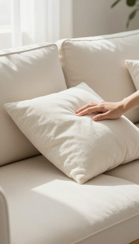Hand fluffing a sofa cushion to prevent wear and maintain shape
