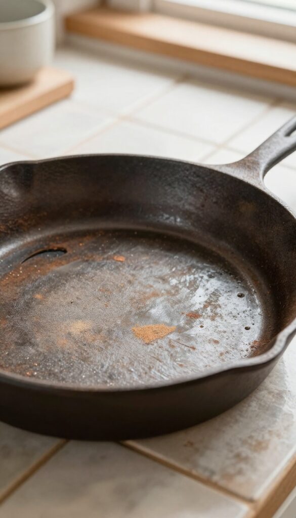 A hand using fine-grit sandpaper on a rusty cast iron skillet to remove rust spots.