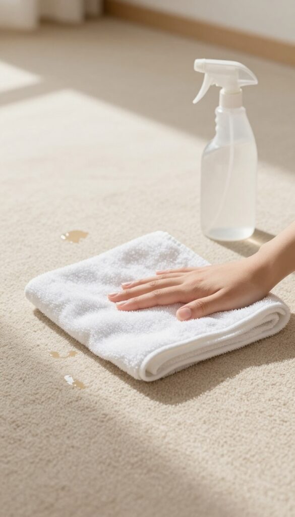 Blotting a damp carpet patch with a dry white towel to avoid over-wetting during cleaning.