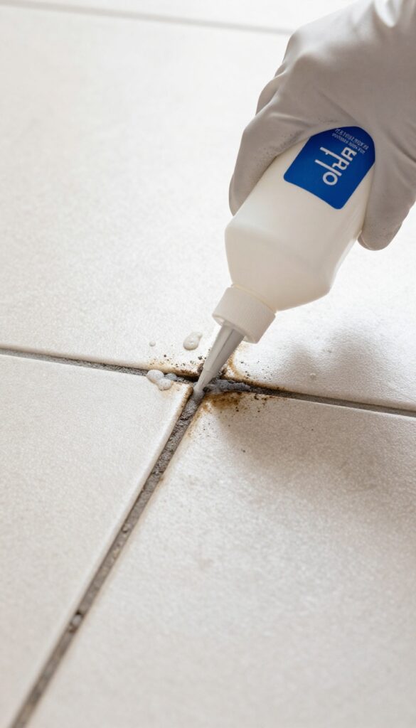 Hand applying commercial grout cleaner to stained grout lines on a tile floor