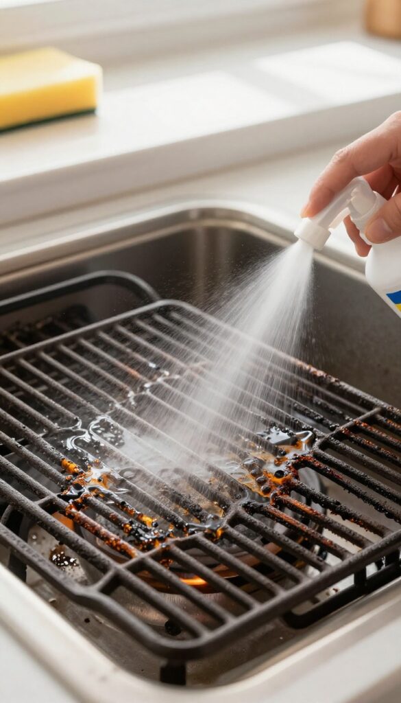 Gloved hand spraying oven cleaner onto a greasy stove grate in a bright kitchen
