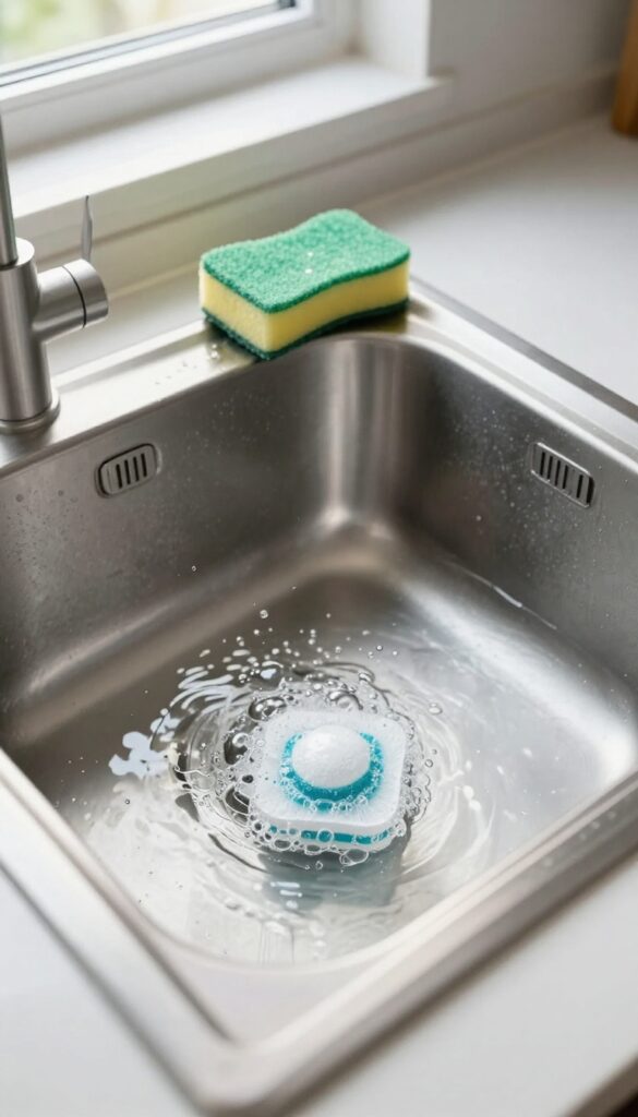 Dishwasher tablet dissolving in a stainless steel sink filled with hot water for a quick clean