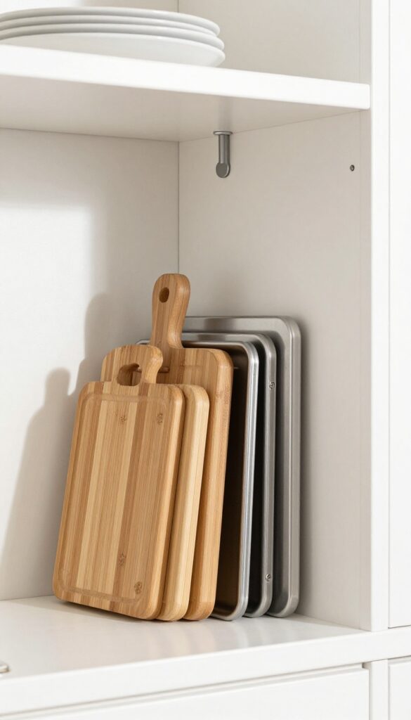 Kitchen cabinet with vertical tension rod storing cutting boards and baking sheets upright