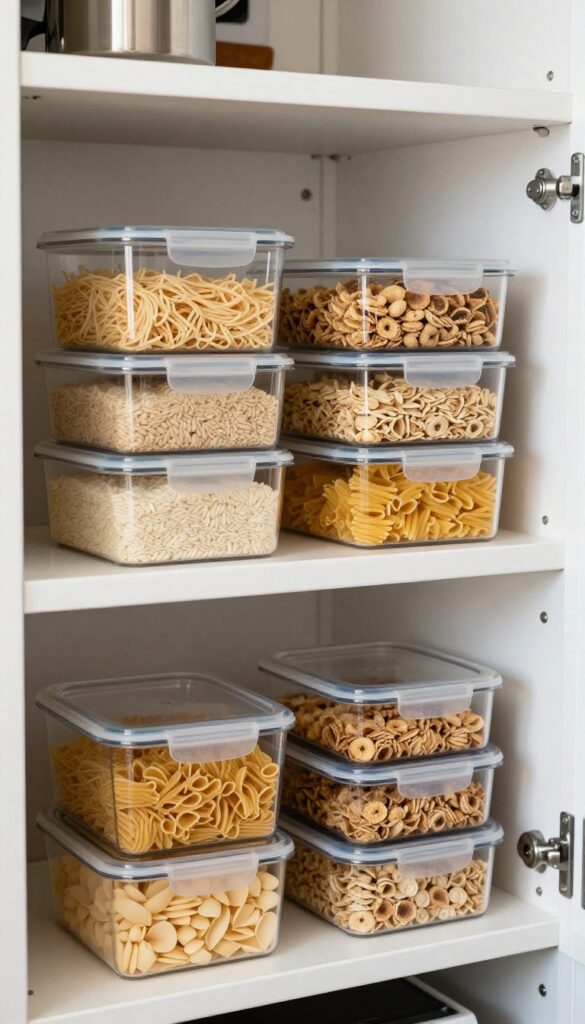 Clear airtight containers storing dry goods on a camper pantry shelf
